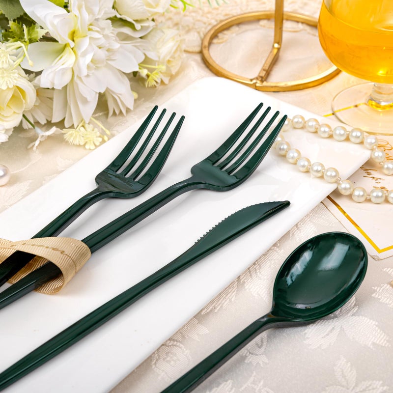 PULOTE 150PCS Green Plastic Silverware - Plastic Cutlery Set Disposable - Green Plastic Utensils Include 50 Forks  50 Spoons  50 Knives for Party&Christmas - Image 2