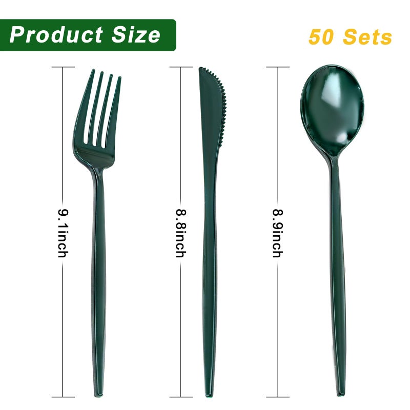 PULOTE 150PCS Green Plastic Silverware - Plastic Cutlery Set Disposable - Green Plastic Utensils Include 50 Forks  50 Spoons  50 Knives for Party&Christmas - Image 1
