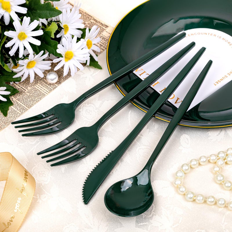 PULOTE 150PCS Green Plastic Silverware - Plastic Cutlery Set Disposable - Green Plastic Utensils Include 50 Forks  50 Spoons  50 Knives for Party&Christmas - Image 4