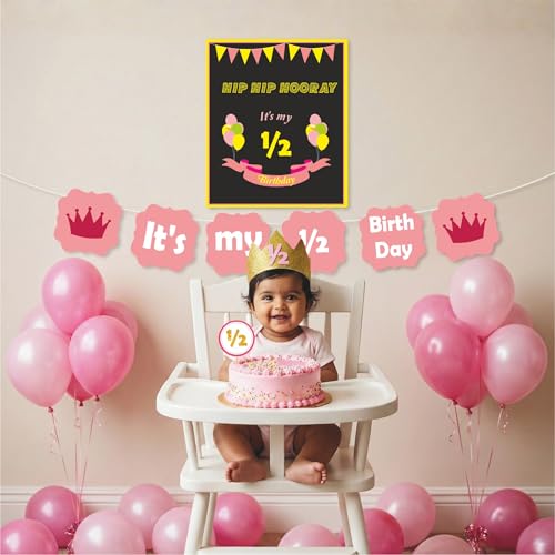 Untumble Half Birthday Decoration Kit | 1/2 Birthday Party Pack for Baby Girls | Banner, Crown, Poster, Cake Topper & 20 Balloons | 6 Month Photo Shoot Set - Image 2