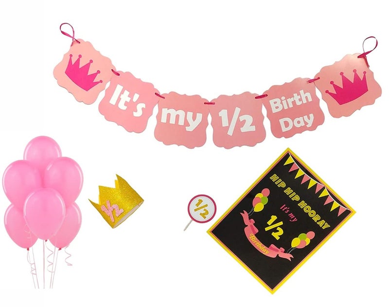 Untumble Half Birthday Decoration Kit | 1/2 Birthday Party Pack for Baby Girls | Banner, Crown, Poster, Cake Topper & 20 Balloons | 6 Month Photo Shoot Set - Image 3