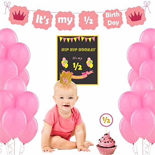 Untumble Half Birthday Decoration Kit | 1/2 Birthday Party Pack for Baby Girls | Banner, Crown, Poster, Cake Topper & 20 Balloons | 6 Month Photo Shoot Set - Image 1