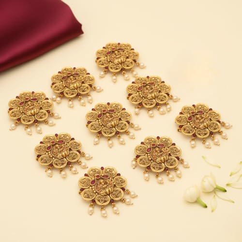 JWELLA Set of 9 Lakshmi Temple Design Choti Pins with Red & Green Enamel and Pearl Drops Traditional Juda Accessories for Bridal & Festive Hairstyles (Design 4) - Image 2