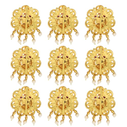 JWELLA Set of 9 Lakshmi Temple Design Choti Pins with Red & Green Enamel and Pearl Drops Traditional Juda Accessories for Bridal & Festive Hairstyles (Design 4) - Image 4