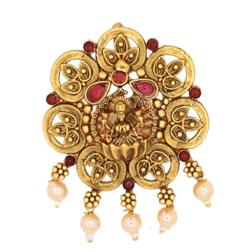 JWELLA Set of 9 Lakshmi Temple Design Choti Pins with Red & Green Enamel and Pearl Drops Traditional Juda Accessories for Bridal & Festive Hairstyles (Design 4) - Image 5