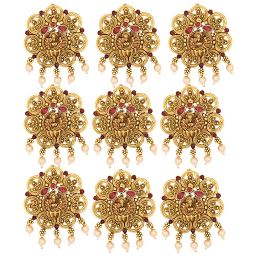 JWELLA Set of 9 Lakshmi Temple Design Choti Pins with Red & Green Enamel and Pearl Drops Traditional Juda Accessories for Bridal & Festive Hairstyles (Design 4) - Image 1