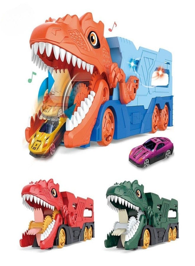 Spindoo Dino Parking Lot Transporter Truck Toy with Lights & Sounds | Dinosaur Car Carrier Playset with 2 Mini Racing Cars | Car Transport Truck Toy for Kids (Pack 1 Random Colour) - Image 1
