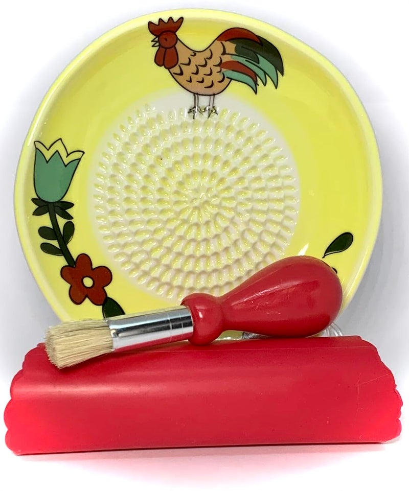 BonCera, All-in-one Premium Ceramic Garlic Grater Plate 4-Piece Set - Rooster Design, Classic Style - For Garlic, Ginger, Chocolate, and more! - Comes with 5.25" Plate, Peeler, Brush, and Stand - Image 1