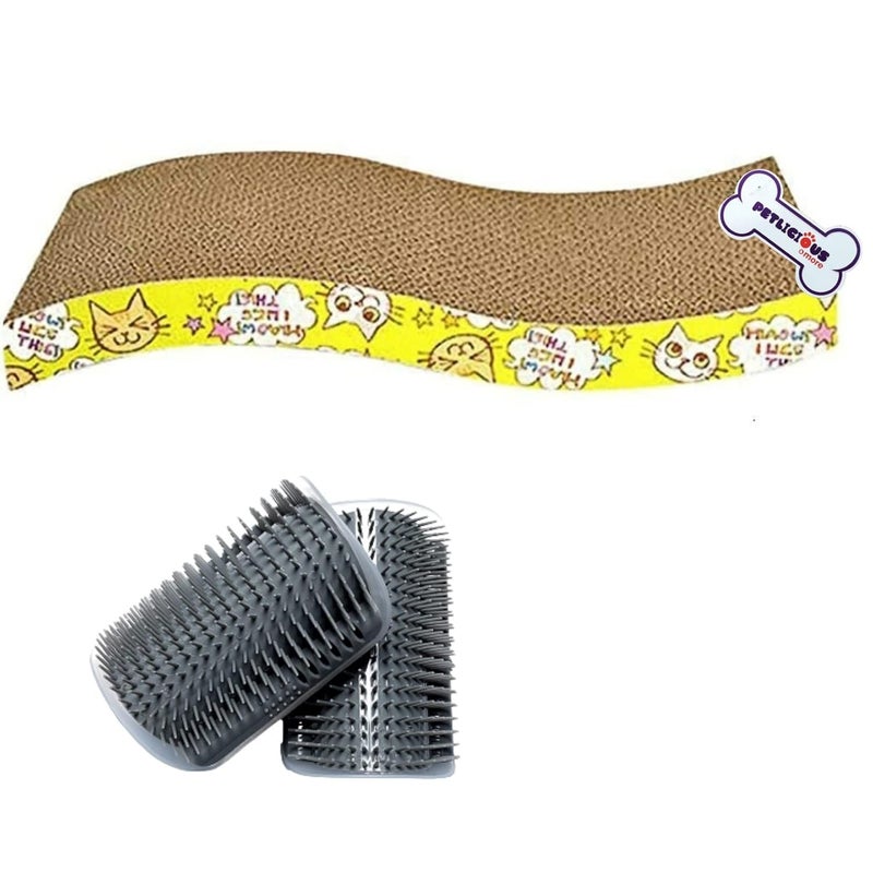 PETLICIOUS & MORE Cat Scratching Cardboard Scratcher (21cm X 44cm X 4cm) Wave Scratcher & Cat Self Grooming Wall Massager Brush (Combo Pack of Two) - Image 1