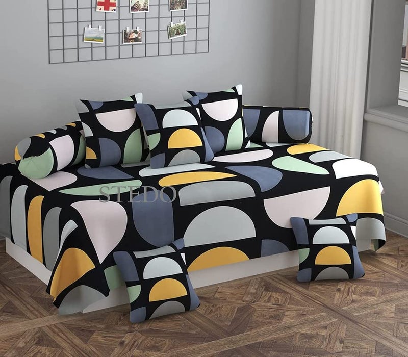 NEW LEAF DiwanSet for Living Room, DiwanSet Covers Glace Cotton, DiwanSet 8 Pieces (1 Single Bedsheet, 5 Cushion Covers, 2 Bolster Covers) (Color-Black & White), Standard - Image 4