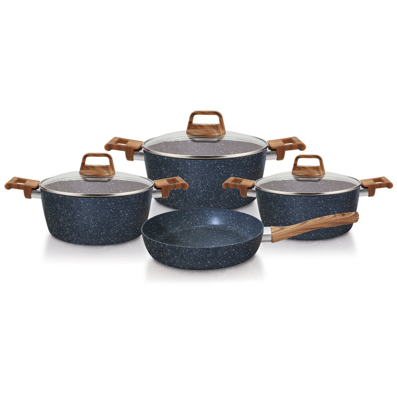 بينتولا بنتولا طقم أواني طبخ 7 قطع ألمنيوم غير لاصق مع أغطية زجاج، أزرق