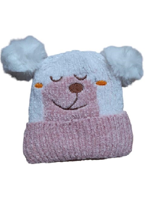 A winter ice cap for children made of durable, high-quality wool yarn. It is lined from the inside in a way that makes you feel warm in a wonderful way. It is equipped with two corsets (Pink-beige).