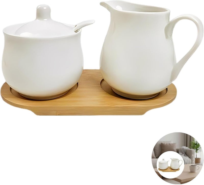 3 Pcs Sugar and Creamer Set, Ceramic with Wood Tray, Round Body, for Coffee Bar, 1.2 Lbs - Image 3