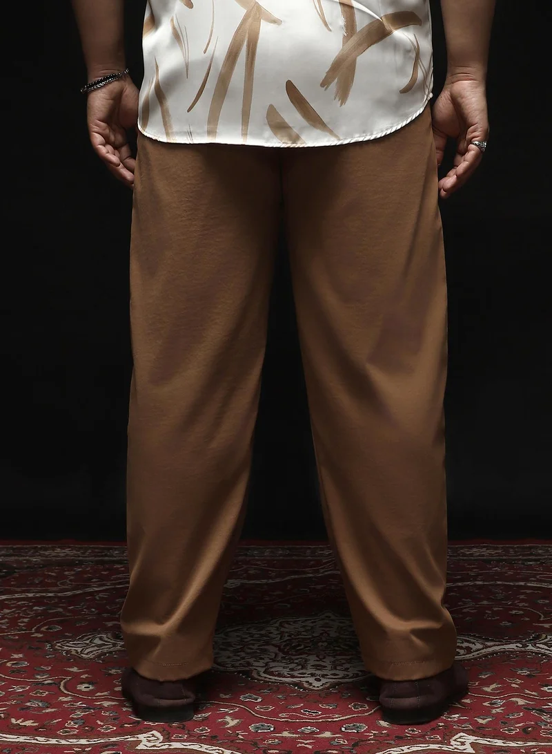 Instafab Plus Instafab Plus Men's Mousse Brown Double-Pleated Tailored Trousers | Mid Rise , Straight Hem , Button Closure | Solid Plain Polyester Blend Material For Office & Casual Wear