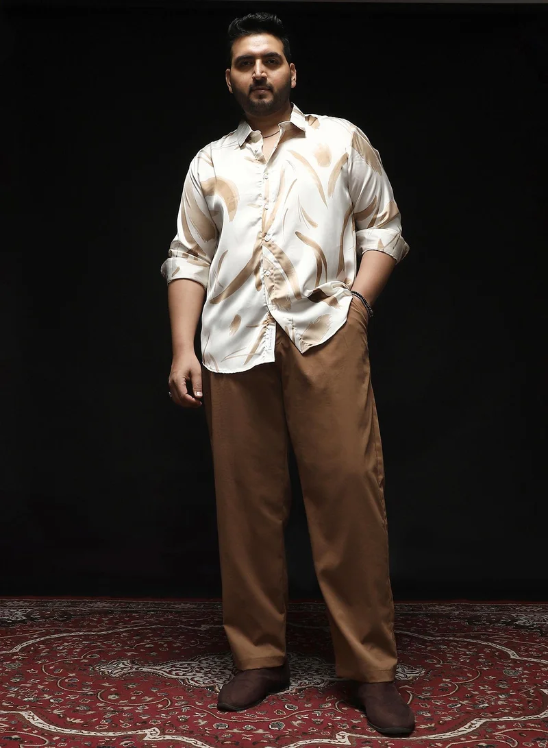 Instafab Plus Instafab Plus Men's Mousse Brown Double-Pleated Tailored Trousers | Mid Rise , Straight Hem , Button Closure | Solid Plain Polyester Blend Material For Office & Casual Wear