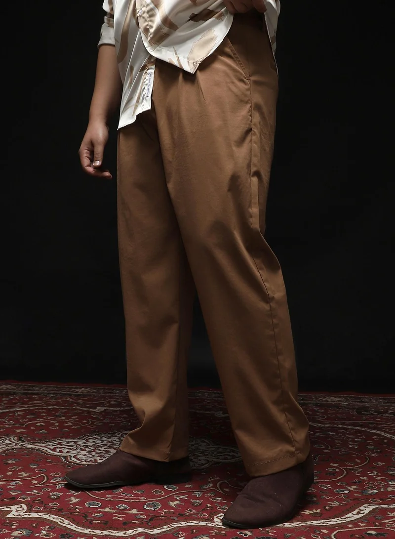 Instafab Plus Instafab Plus Men's Mousse Brown Double-Pleated Tailored Trousers | Mid Rise , Straight Hem , Button Closure | Solid Plain Polyester Blend Material For Office & Casual Wear