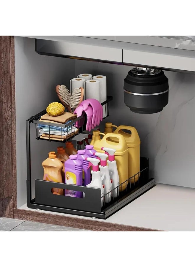 Under Sink Organizer 2 Tier Slide Out Kitchen Cabinet Organizer Sturdy Metal Bathroom Storage Shelf 