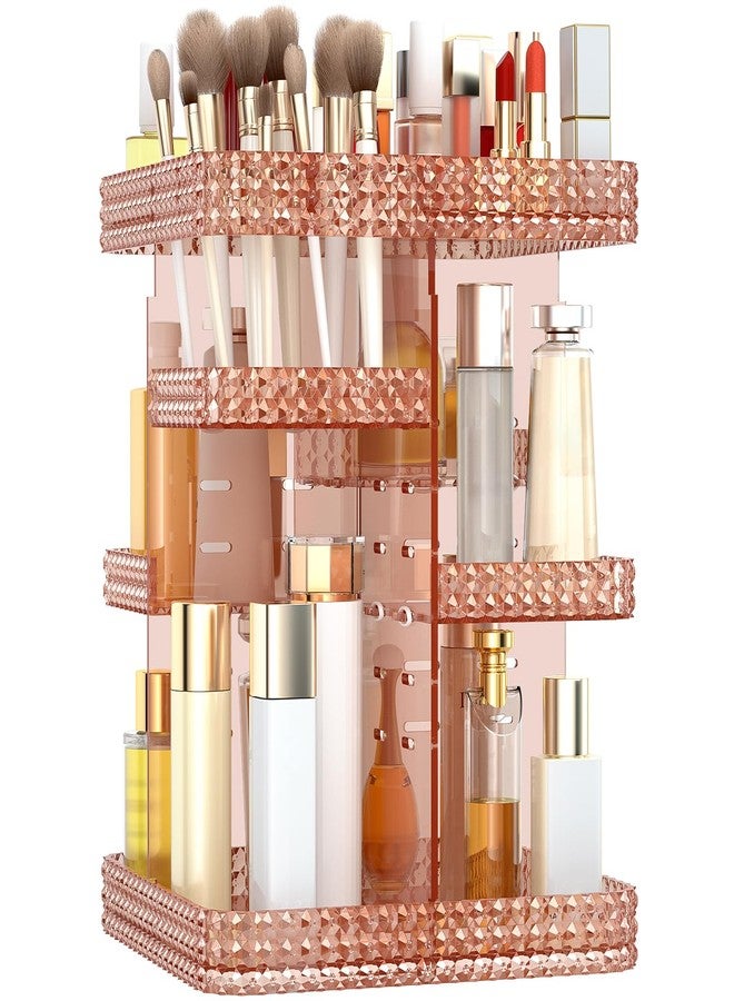 BOCONY Rotating Makeup Organizer, Large Capacity Cosmetic Display Case, Acrylic Skincare Organizer with Makeup Brush, Makeup Storage Organizer for Dresser Countertop and Bathroom Vanity - Pink - Image 1