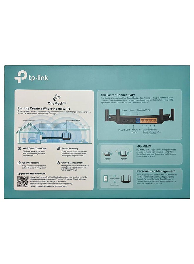 TP-LINK Archer C6 AC1200 Dual-Band Wi-Fi Router - 5GHz 867Mbps & 2.4GHz 400Mbps, MU-MIMO, Beamforming, 4x Gigabit LAN Ports, WPA3 Security, Access Point Mode, OneMesh Compatible, Parental Controls, Easy Setup with Tether App Black - Image 2