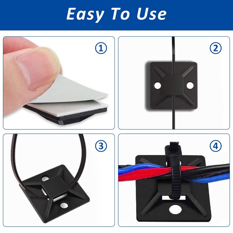 Allwin Strong Back-Glue Self Adhesive Cable Zip Tie Mounts Kit - 100 Set Cable Management Clips with 6" Zip Ties, Wire Holders - Outdoor Sticky Wire Organizer Clips-Black - Image 5