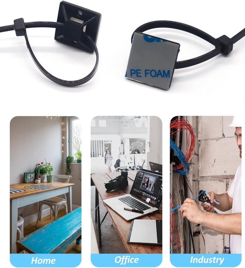 Allwin Strong Back-Glue Self Adhesive Cable Zip Tie Mounts Kit - 100 Set Cable Management Clips with 6" Zip Ties, Wire Holders - Outdoor Sticky Wire Organizer Clips-Black - Image 4