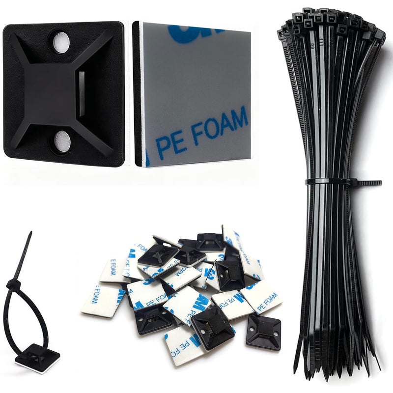 Allwin Strong Back-Glue Self Adhesive Cable Zip Tie Mounts Kit - 100 Set Cable Management Clips with 6" Zip Ties, Wire Holders - Outdoor Sticky Wire Organizer Clips-Black - Image 1