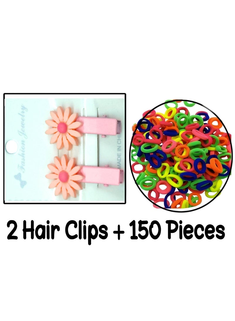 Set of 150 Girly colorful elastic hair bobbles ties and 2 hair clips - Image 1