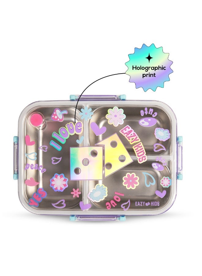 Eazy Kids Eazy Kids 3 Compartment Stainless Steel bento Lunch Box, 800ml w/ Lunch Bag - Floral Purple - Image 2