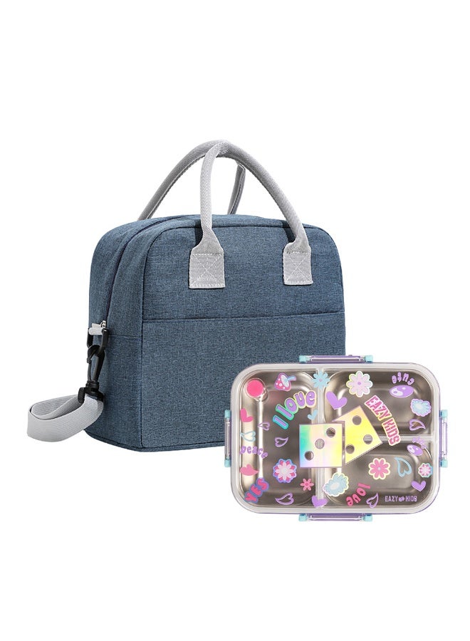 Eazy Kids Eazy Kids 3 Compartment Stainless Steel bento Lunch Box, 800ml w/ Lunch Bag - Floral Purple - Image 1