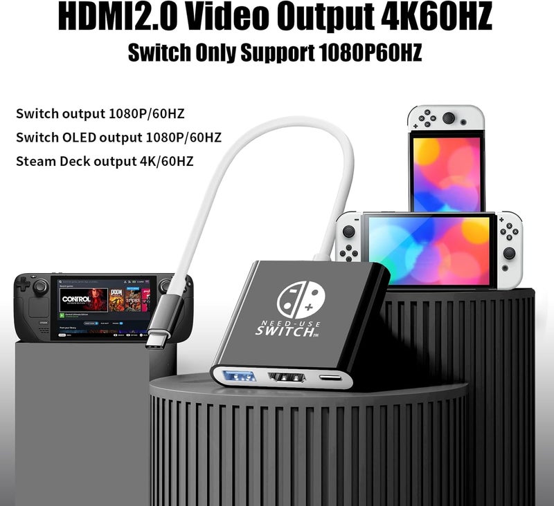 محول USB C إلى HDMI لـ NS Switch/OLED، قاعدة محول تلفزيون 3 في 1 مع كابل HDMI بدقة 4K، شحن Type C بقدرة 100 واط، متوافق مع NS Switch/OLED، Steam Deck، الهواتف الذكية، الكمبيوتر الشخصي (أسود) - Image 5