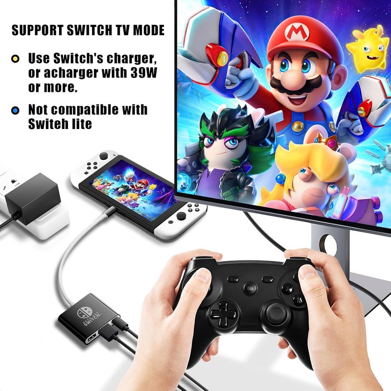 محول USB C إلى HDMI لـ NS Switch/OLED، قاعدة محول تلفزيون 3 في 1 مع كابل HDMI بدقة 4K، شحن Type C بقدرة 100 واط، متوافق مع NS Switch/OLED، Steam Deck، الهواتف الذكية، الكمبيوتر الشخصي (أسود) - Image 3