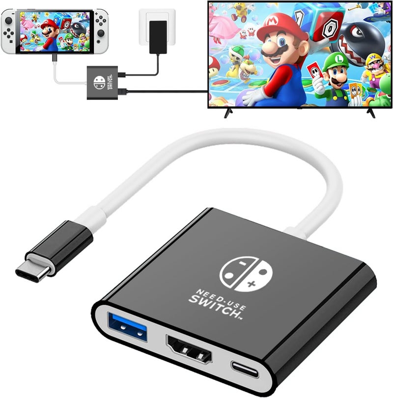 محول USB C إلى HDMI لـ NS Switch/OLED، قاعدة محول تلفزيون 3 في 1 مع كابل HDMI بدقة 4K، شحن Type C بقدرة 100 واط، متوافق مع NS Switch/OLED، Steam Deck، الهواتف الذكية، الكمبيوتر الشخصي (أسود) - Image 1
