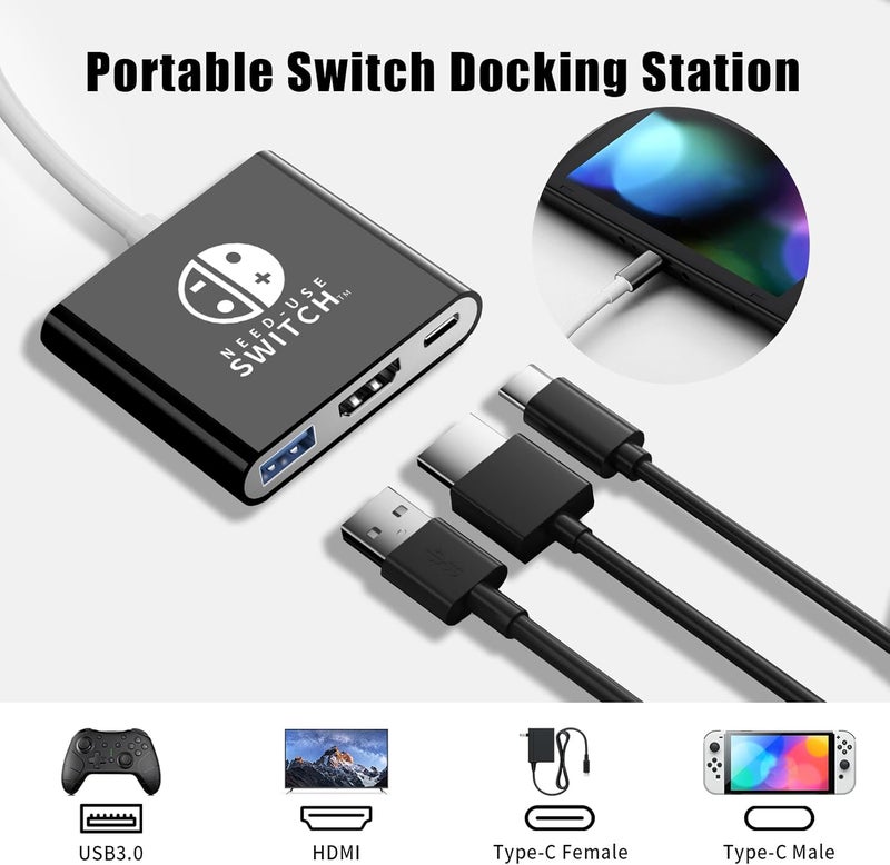 محول USB C إلى HDMI لـ NS Switch/OLED، قاعدة محول تلفزيون 3 في 1 مع كابل HDMI بدقة 4K، شحن Type C بقدرة 100 واط، متوافق مع NS Switch/OLED، Steam Deck، الهواتف الذكية، الكمبيوتر الشخصي (أسود) - Image 2