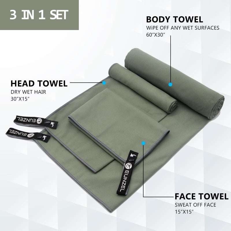 Eunzel Quick Dry Camping Towel, Microfiber Travel Towel 3 Size at 1 Pack,Fast Drying Towel Set for Camping, Beach, Gym, Sports, Yoga & Swimming Pool, Army Green - Image 2