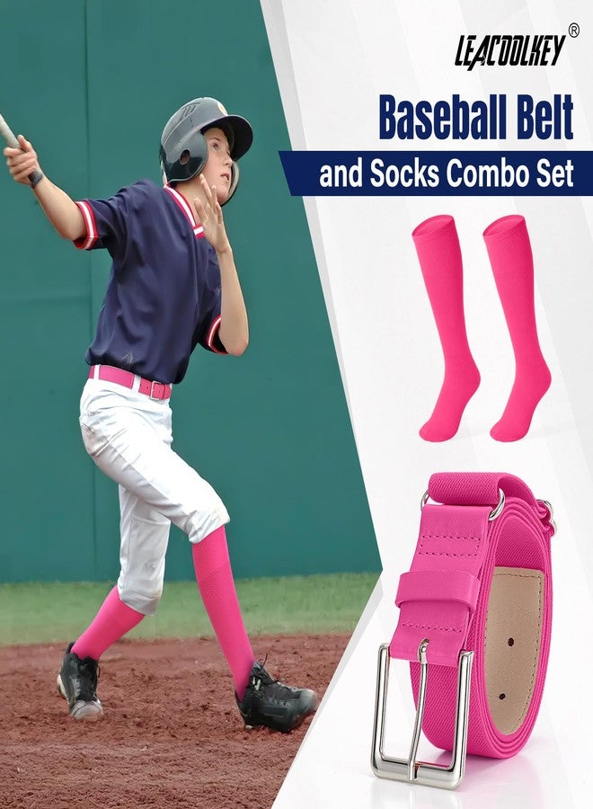 LEACOOLKEY Baseball Belt and Socks Combo Set Softball Socks and Elastic Belt for Youth Boys Girls Pink - Image 2