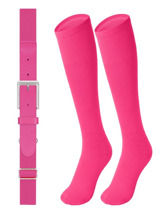 LEACOOLKEY Baseball Belt and Socks Combo Set Softball Socks and Elastic Belt for Youth Boys Girls Pink - Image 1