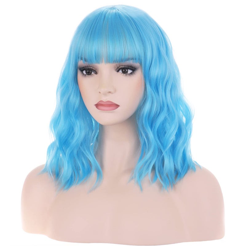 BERON 14 Inches Blue Wig Short Curly Wig with Bangs Women Charming Wigs Sky Blue Synthetic Wigs with Hairnet