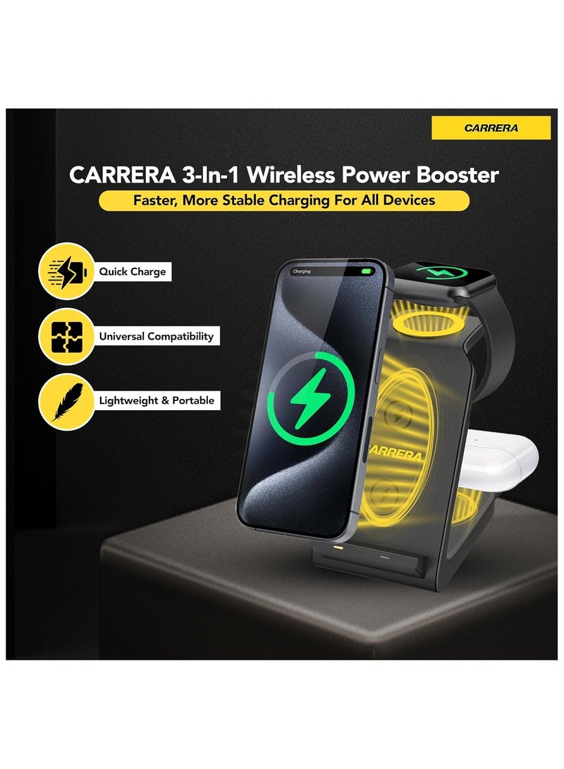 CARRERA 3 in 1 Wireless Charger Stand CWC-234, 15W Fast Charging for Phone, 5W for Earbud, 2.5W for Watch, Type C Cable Included, Multi-Device Compatible - Image 3