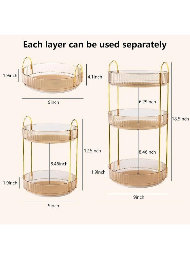 Dravina 360° Rotating Makeup Organizer Rack| 3 Tier Standing Countertop Cosmetic Vanity Tray For Makeup, Skincare|Corner Rack For Bedroom,Bathroom (3 Layer- Amber (Rack) + Gold Rods) - Image 2