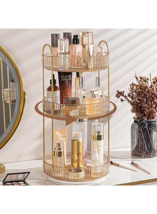 Dravina 360° Rotating Makeup Organizer Rack| 3 Tier Standing Countertop Cosmetic Vanity Tray For Makeup, Skincare|Corner Rack For Bedroom,Bathroom (3 Layer- Amber (Rack) + Gold Rods) - Image 1