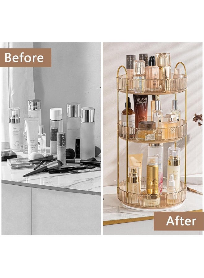 Dravina 360° Rotating Makeup Organizer Rack| 3 Tier Standing Countertop Cosmetic Vanity Tray For Makeup, Skincare|Corner Rack For Bedroom,Bathroom (3 Layer- Amber (Rack) + Gold Rods) - Image 4