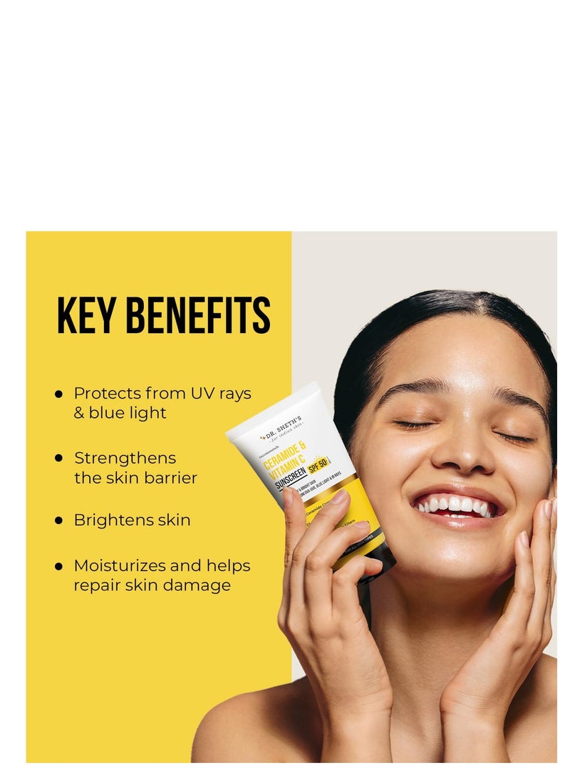 Dr. Sheth's Ceramide & Vitamin C Oil-Free Sunscreen SPF 50+ PA++++ | Clinically Tested- (In -Vivo) | For Healthy & Bright Skin | Lightweight & Non Greasy | For UVA/UVB & Blue Light & IR Protection | No white cast | For Oily Skin | For Men & Women | 50 g - Image 2