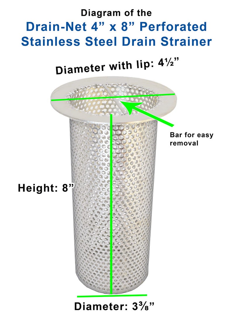 Drain-Net 4" Commercial Floor Drain Strainer, 8" Tall, Perforated Stainless Steel - Image 2