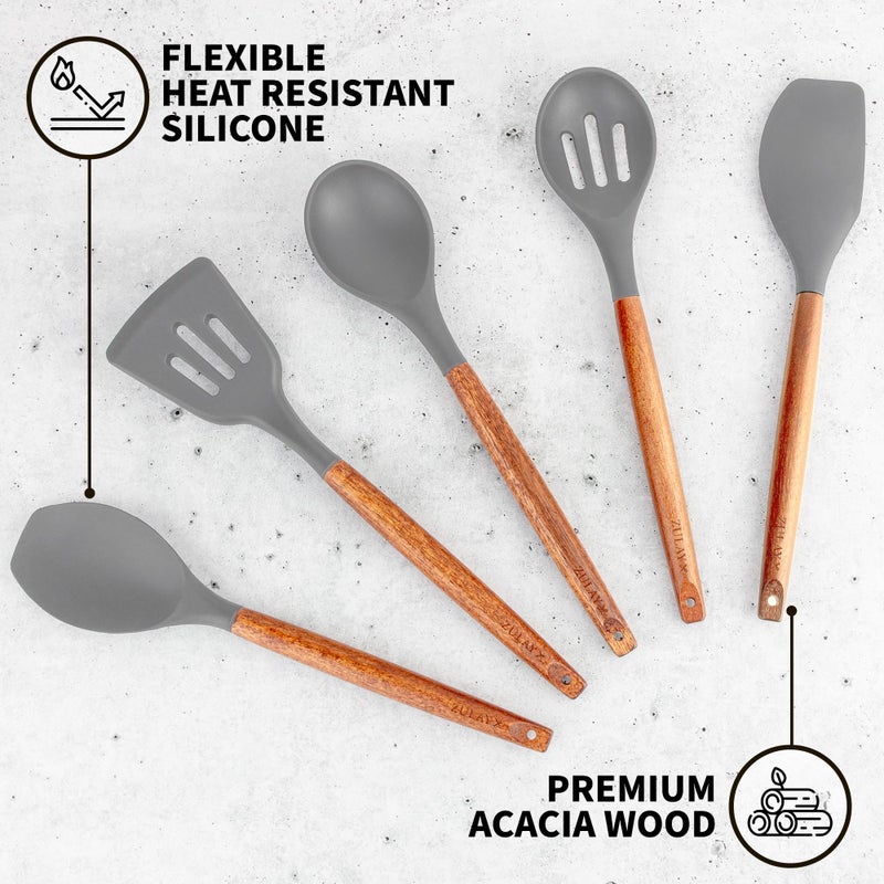 Zulay Kitchen Utensils Set Non-Stick Silicone Cooking Utensils Set with Authentic Acacia Wood Handles - 5 Piece Silicone Utensil Set - Kitchen Utensils Set with 464Â°F Heat Resistance - Gray - Image 2