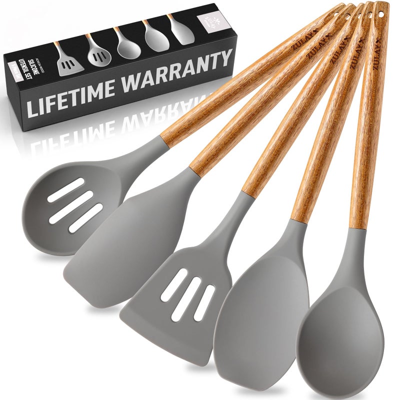 Zulay Kitchen Utensils Set Non-Stick Silicone Cooking Utensils Set with Authentic Acacia Wood Handles - 5 Piece Silicone Utensil Set - Kitchen Utensils Set with 464Â°F Heat Resistance - Gray - Image 1