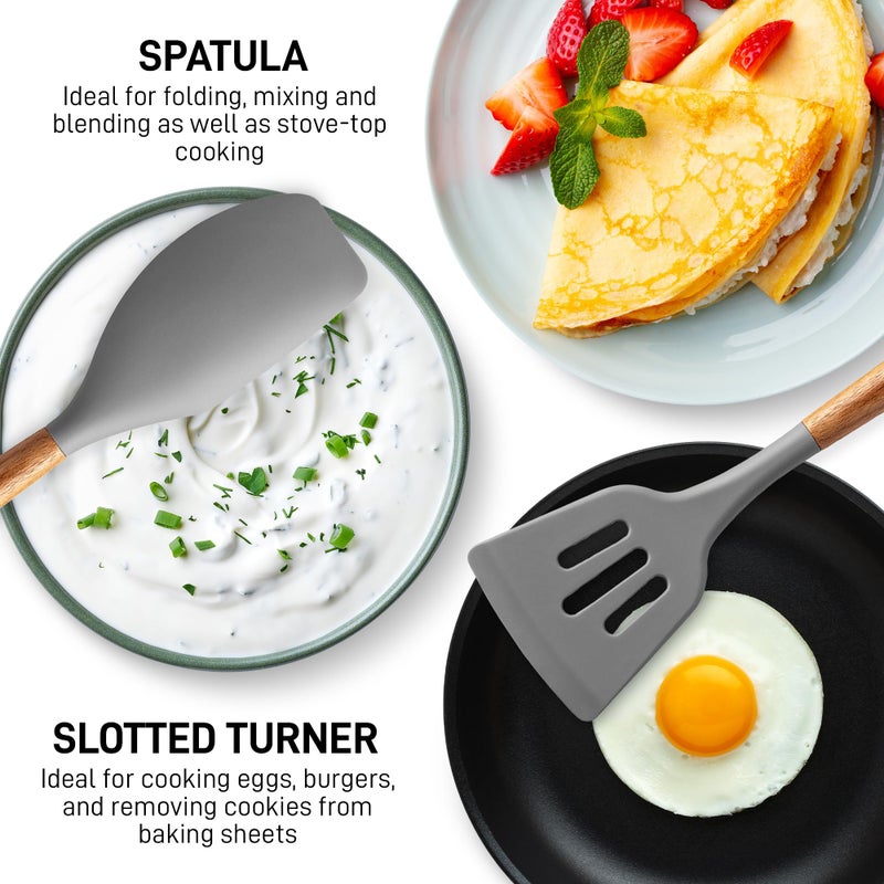 Zulay Kitchen Utensils Set Non-Stick Silicone Cooking Utensils Set with Authentic Acacia Wood Handles - 5 Piece Silicone Utensil Set - Kitchen Utensils Set with 464Â°F Heat Resistance - Gray - Image 5