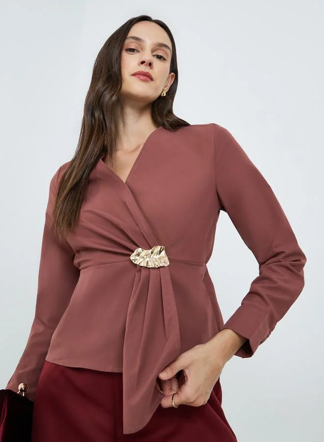 Take Two Brown Pleated Buckle Detail Long Sleeve Blouse