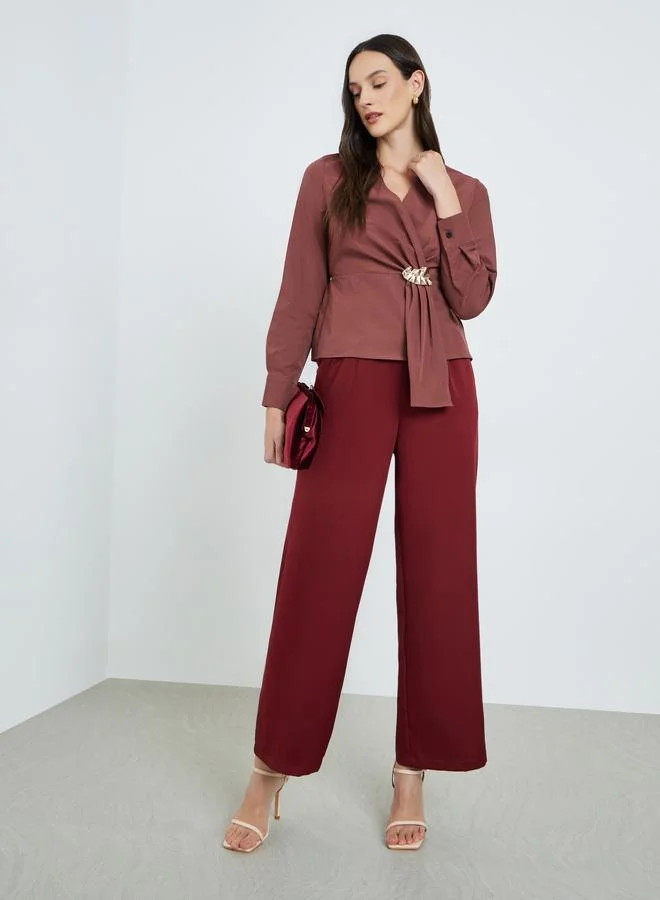 Take Two Brown Pleated Buckle Detail Long Sleeve Blouse