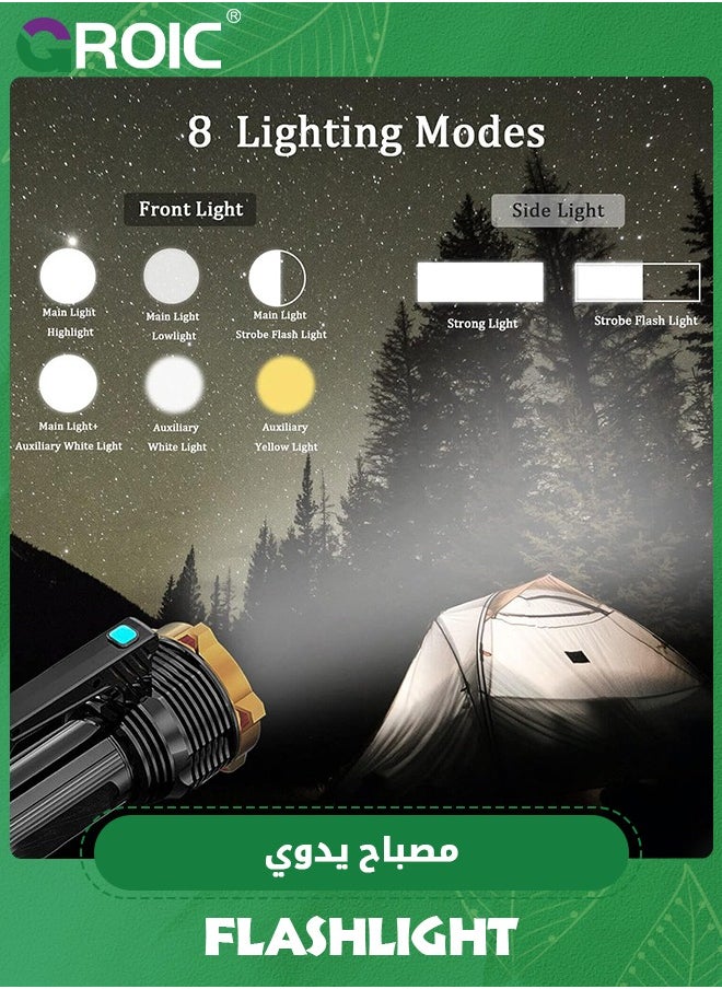 GROIC - LED Flashlight USB Rechargeable, Super Brightest High Lumens Flashlights with Sidelight and Hooks, 8 Modes Lighting, 19X LED, High Powered, Waterproof Tactical Torch Camping Portable Handheld - Image 1