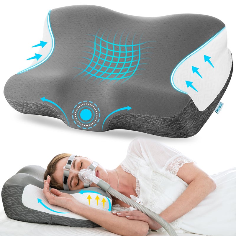 وسادة إلفيروس العنقية لتخفيف آلام الرقبة وسادة CPAP للذين ينامون على الجانب والظهر والبطن وسادة طبية مريحة لمستخدمي CPAP لتقليل تسرب الهواء وضغط القناع رمادي داكن